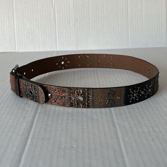 Y2K FOSSIL Leather Patchwork Belt  Small Floral Studded Tooled Western Vintage main image 9